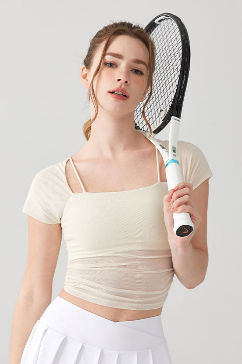 Women's Mesh Sheer Layer Faux Two-Piece Padded Athletic Tee