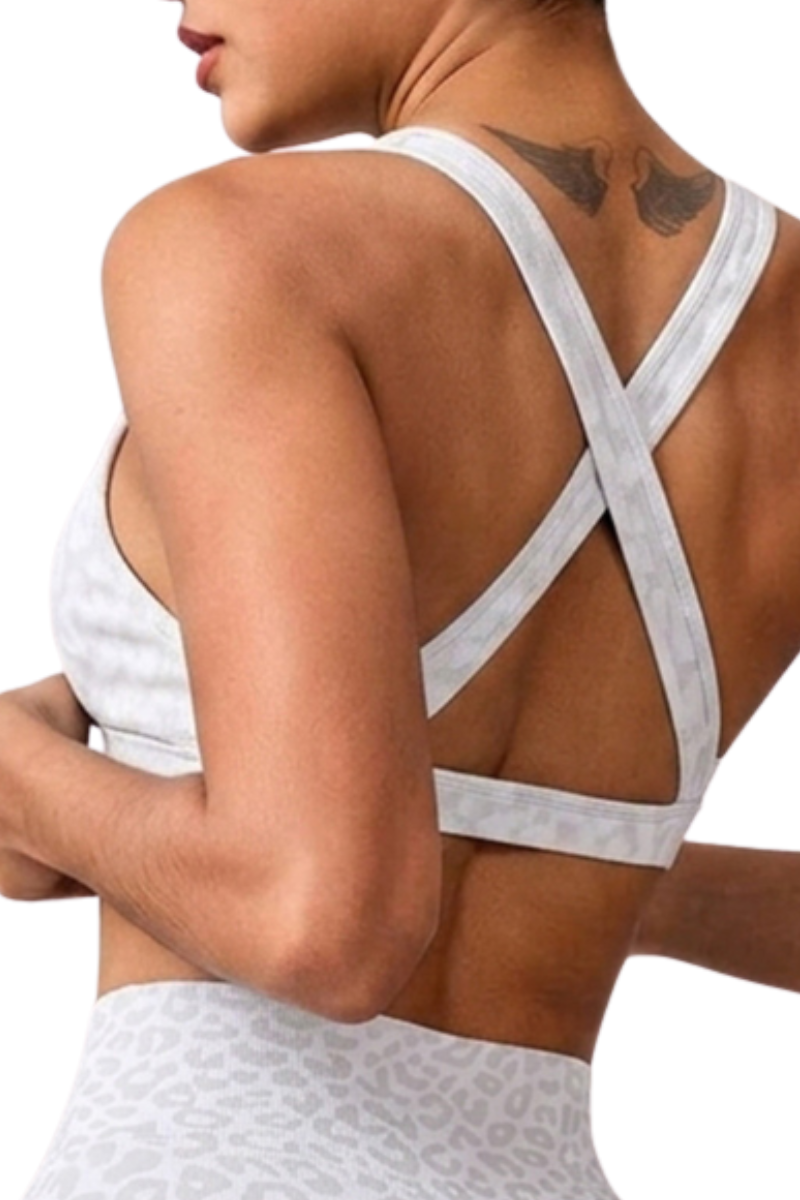 Women's Leopard Twist Cross Back Wide Strap Sports Bra