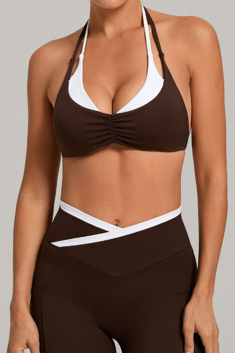 Women Summer Faux-Two-Piece Halter Color Block Sports Bra