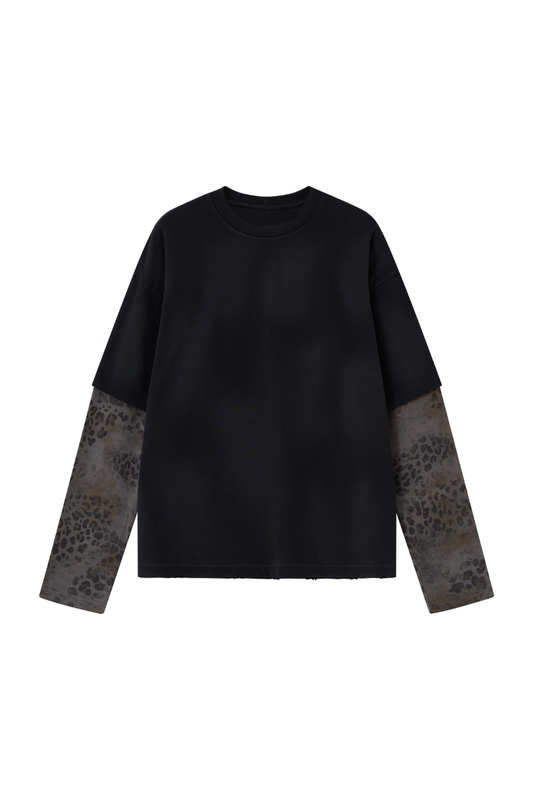 Unisex Fall 100% Cotton Leopard Print Splicing Fake Two-Piece Long Sleeve Tee