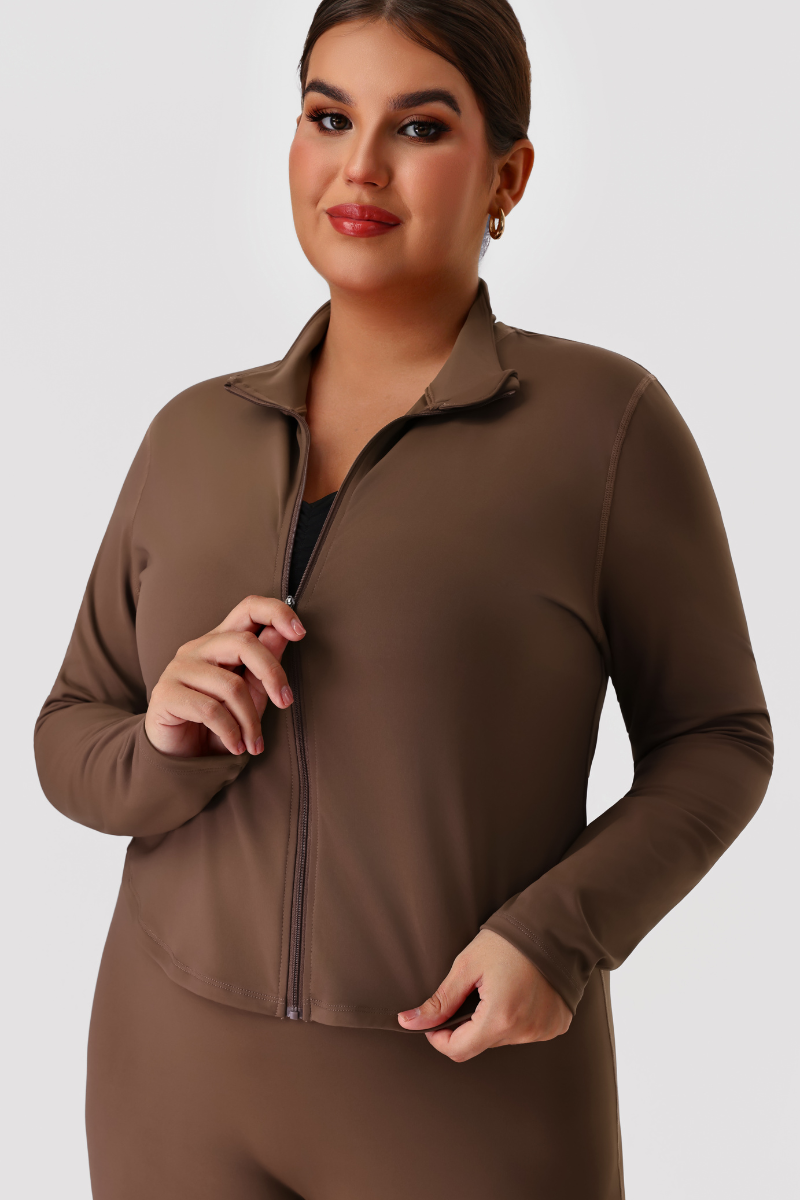 Plus Size Women's Mock Neck Curved Hem Long Sleeve Yoga Jacket