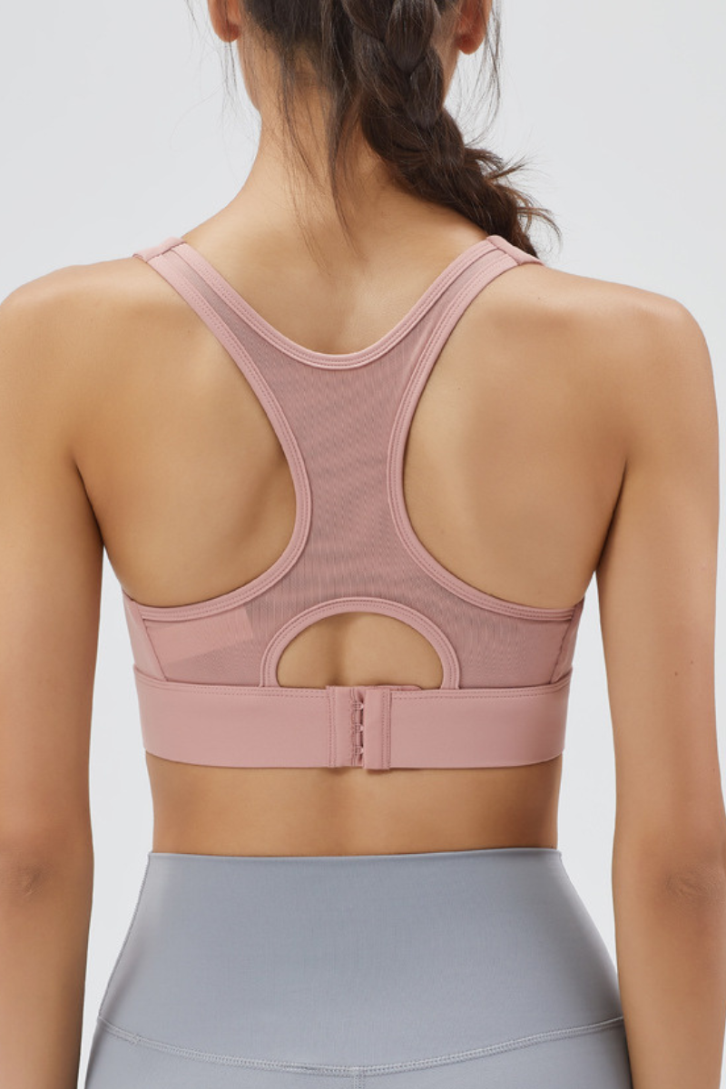 Women's Front Zipper Racerback Back Mesh Panel High Impact Sports Bra