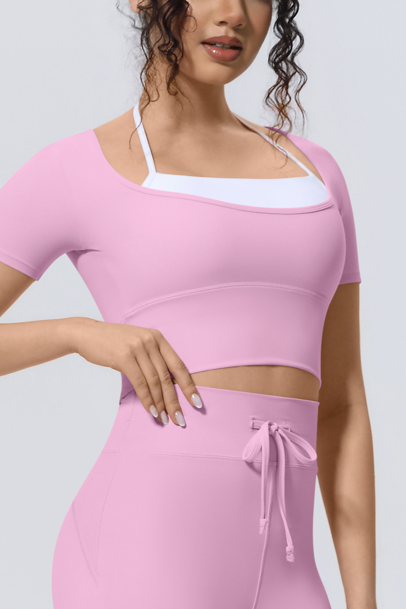 Women Athletic Fake Two Color Block Cropped Halter T-shirt