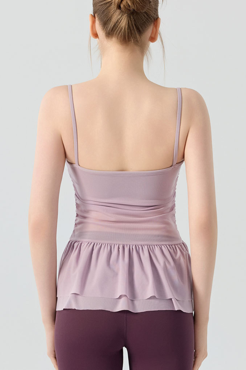 Women's Double Ruffle Hem Mesh Ruched Waist Yoga Cami