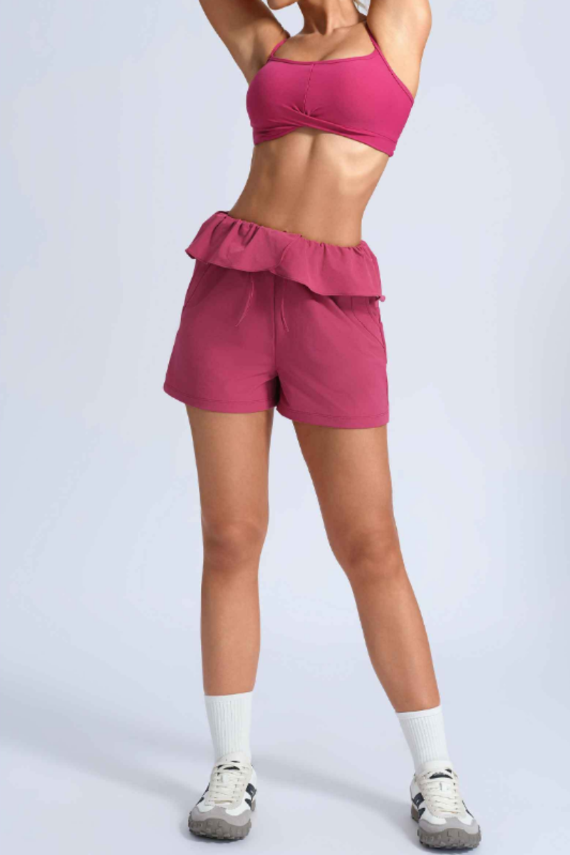 Women's Athletic Sets:Cross Back Bra And  Ruffle Shorts