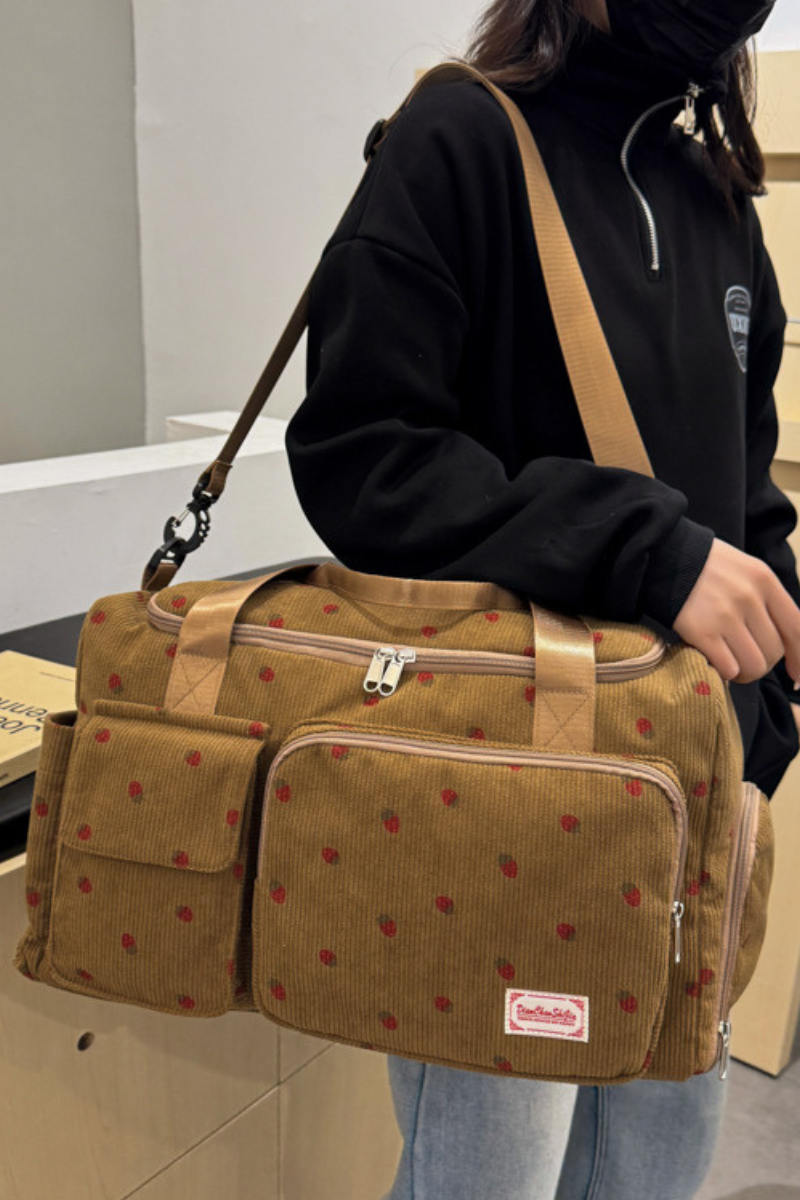 Strawberry Print Corduroy Multi-Pocket Travel Duffel Bag