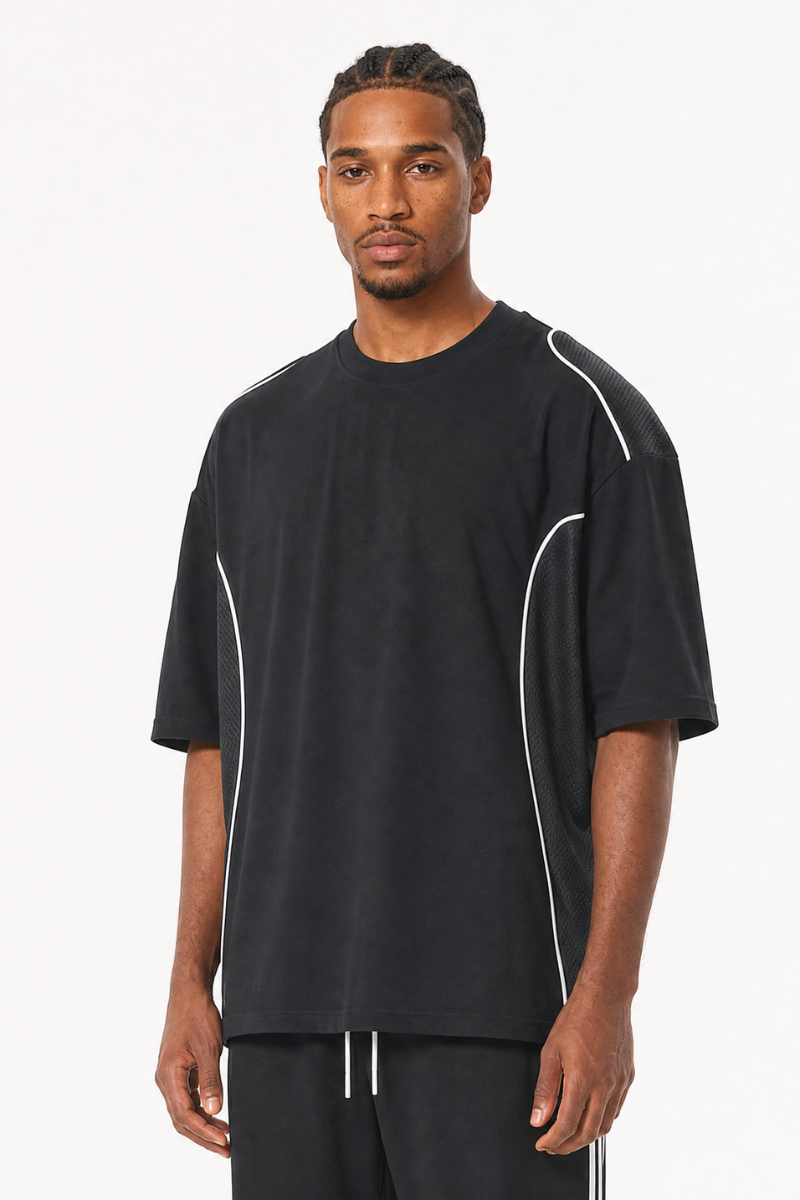 Men's Summer Streetwear Mesh Panel Contrast Stripes T-Shirt