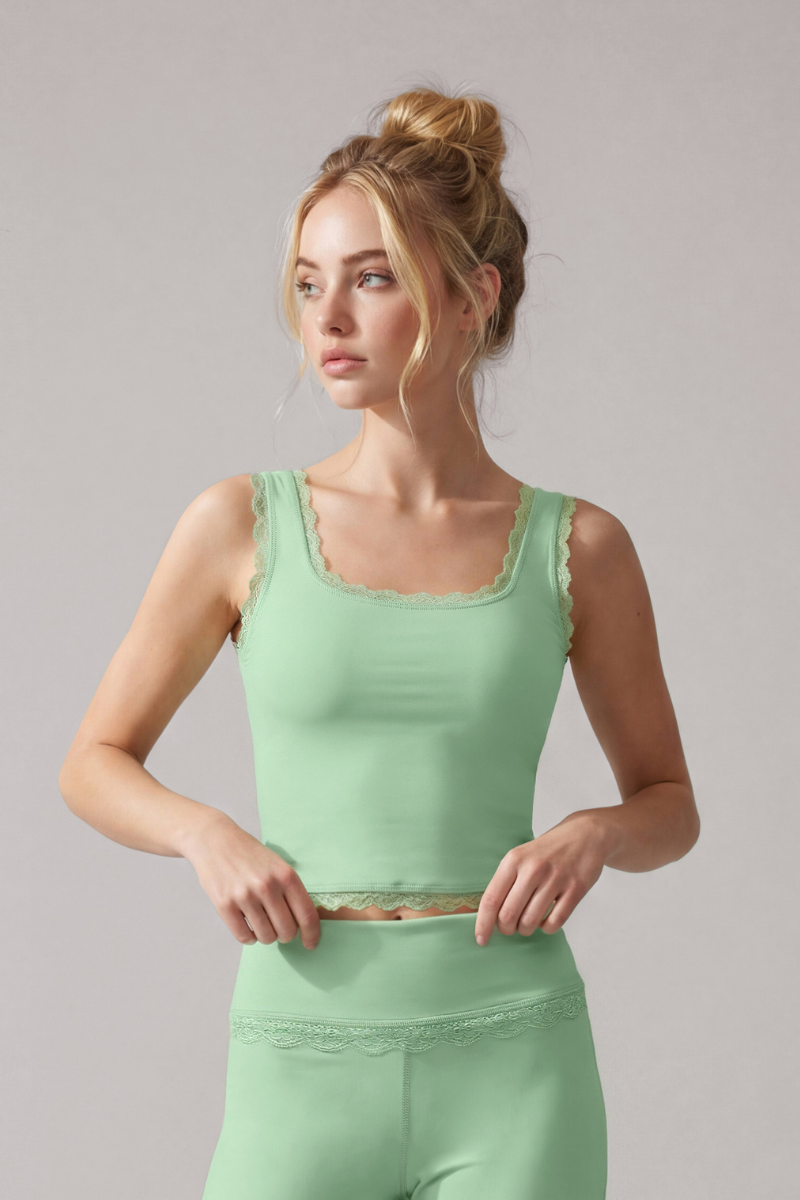 Women's Lace Trim Square Neck Cropped Sports Yoga Tank Top