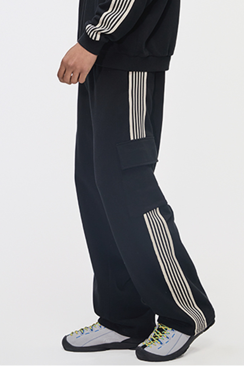 Men's 350g Color Block Stripe Pockets Straight Leg Pants