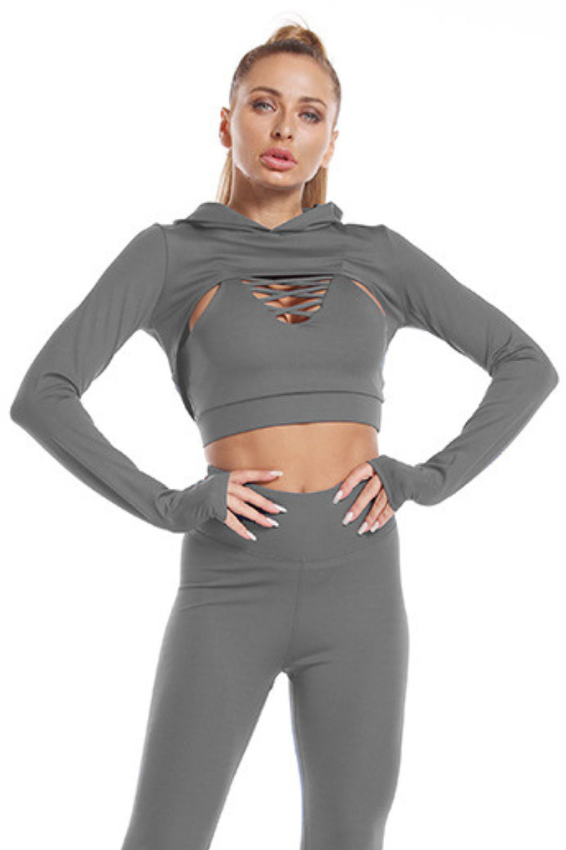 Women's Finger Cuff Cropped Solid Athletic Hooded
