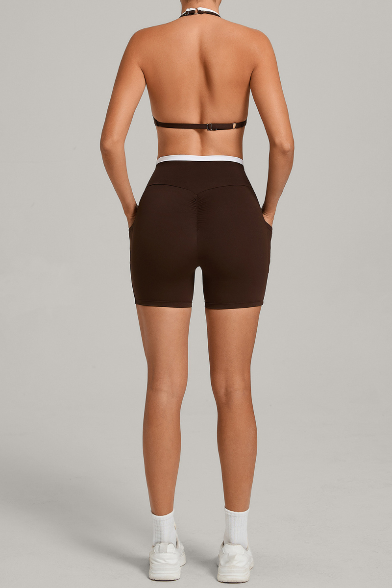 Women's Color Block Set:Halter Bra & V Waist Pocket Shorts