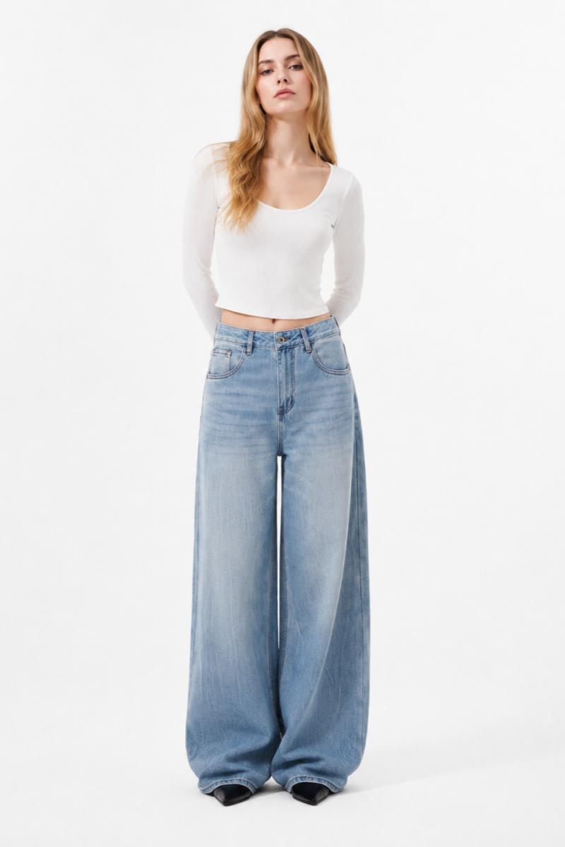 Women's 100% Cotton Mid Waist Wash Wide Leg Jeans