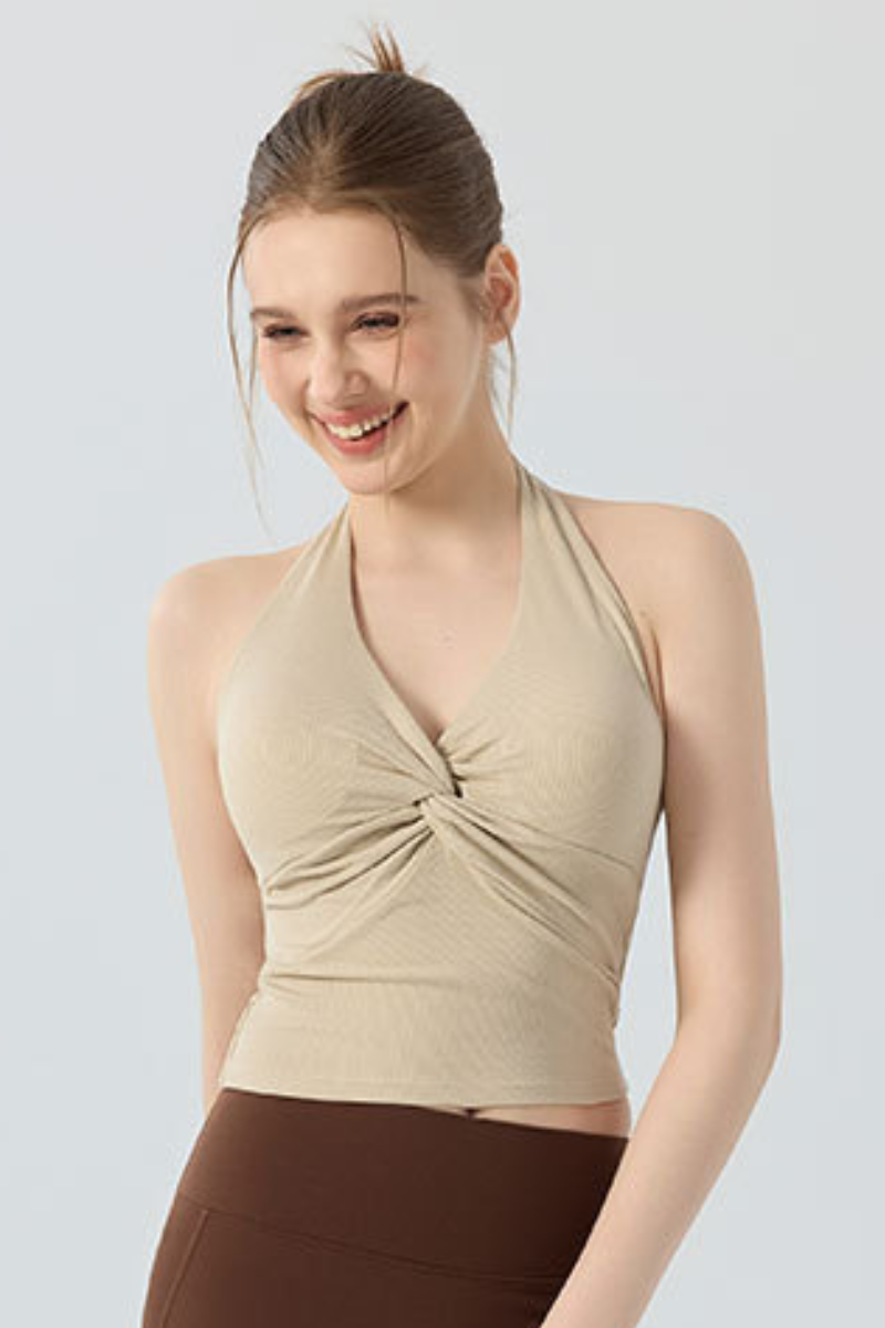 Women's Halter V-Neck Twist Front Padded Pilates Tank Top