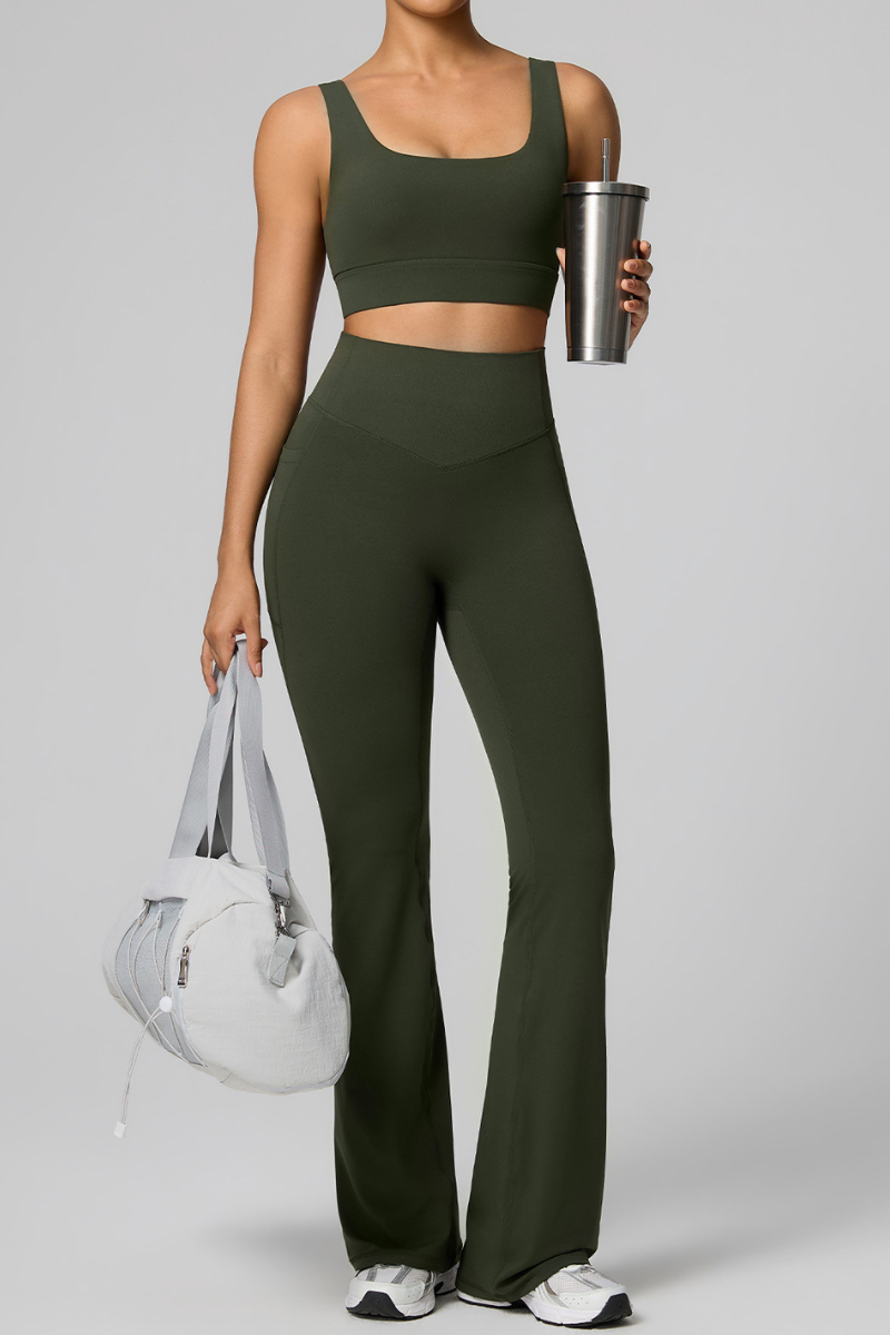 Women's Double Strap Twist Back Cami & Flare Yoga Pants Set
