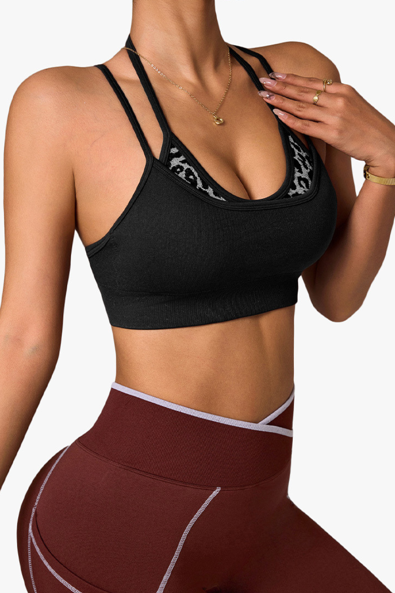 Women's Double Strap Leopard Splice Crisscross Back Sports Bra