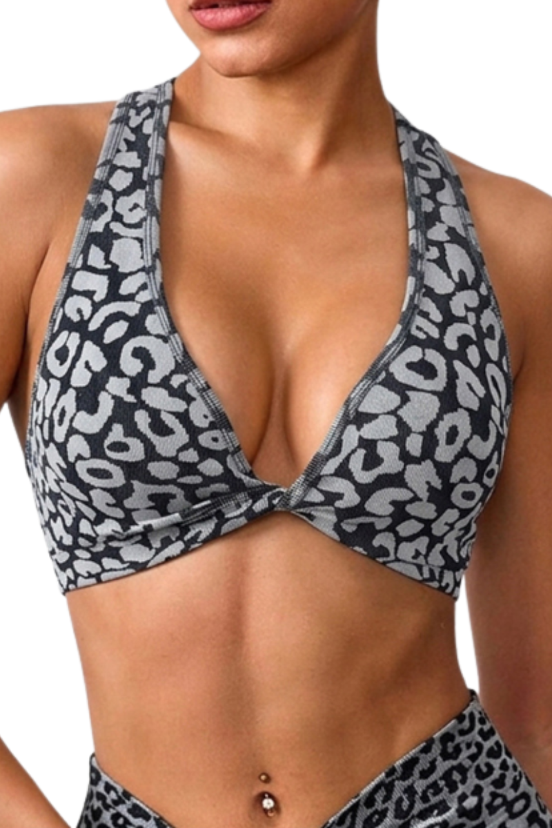 Women's Leopard Twist Cross Back Wide Strap Sports Bra