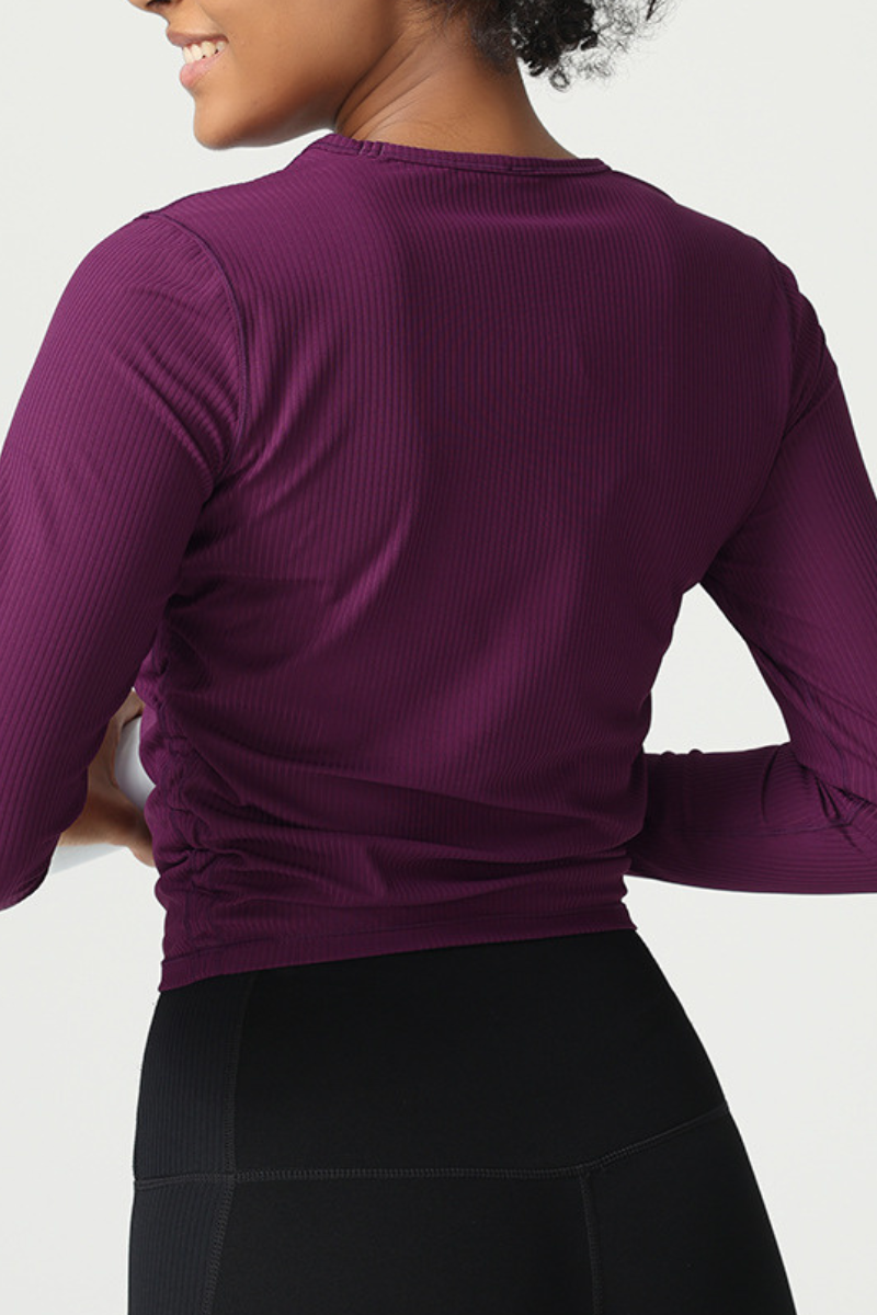Women's Fall Ribbed Side Ruched Cropped Long Sleeve Athletic Top