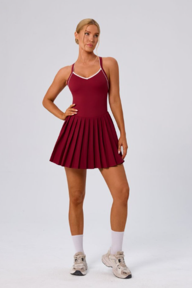Women's Color Block V-Neck Cross-Back Pleated Tennis Dress
