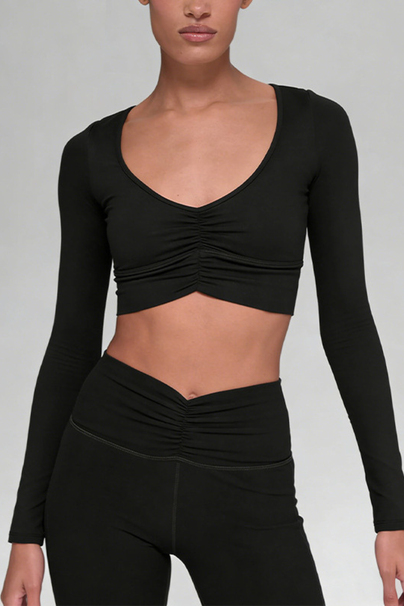 Women's Athletic V-Neck Ruched Cropped Long-Sleeve Top