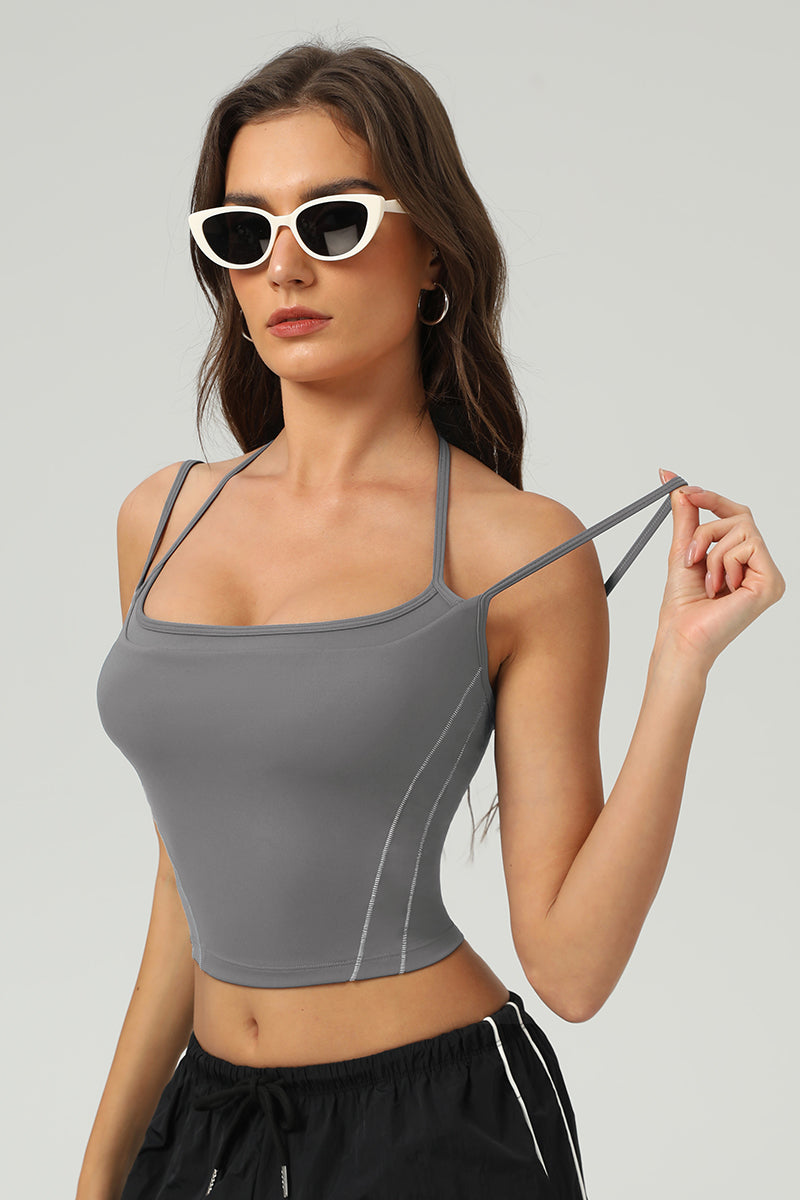 Women Naked-Feel Color-Block Slim-Fit Yoga Sports Bra With Thin Hanger Straps