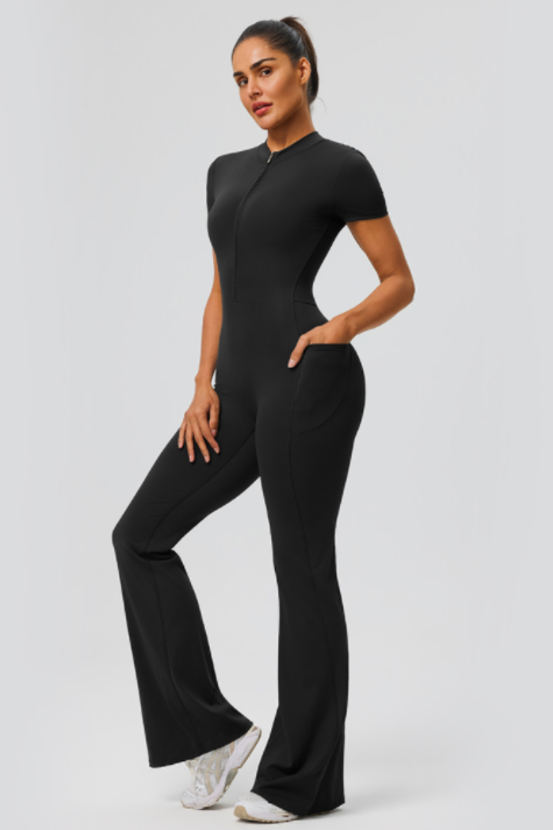 Women's Athletic Short Sleeve Half Zipper Flare Jumpsuit