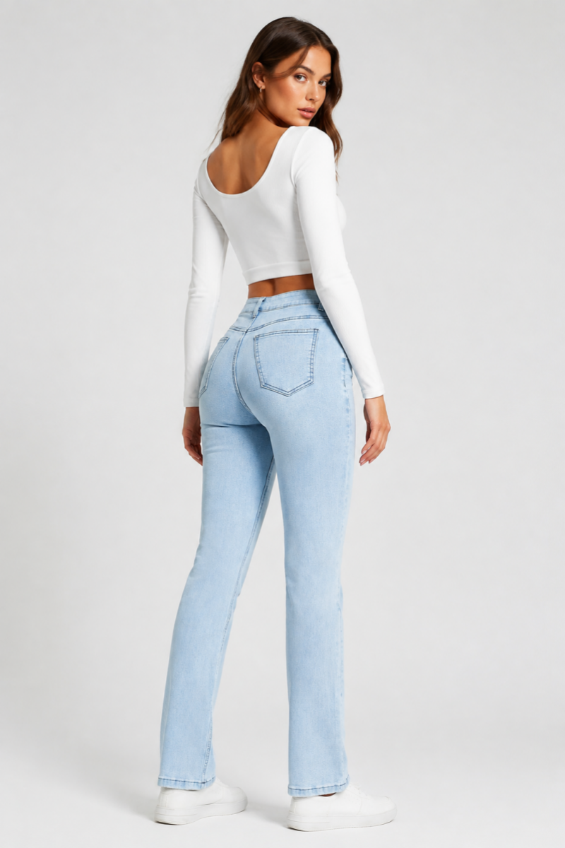 Women's Light Blue Wash Stretch Slim Straight Leg Jeans