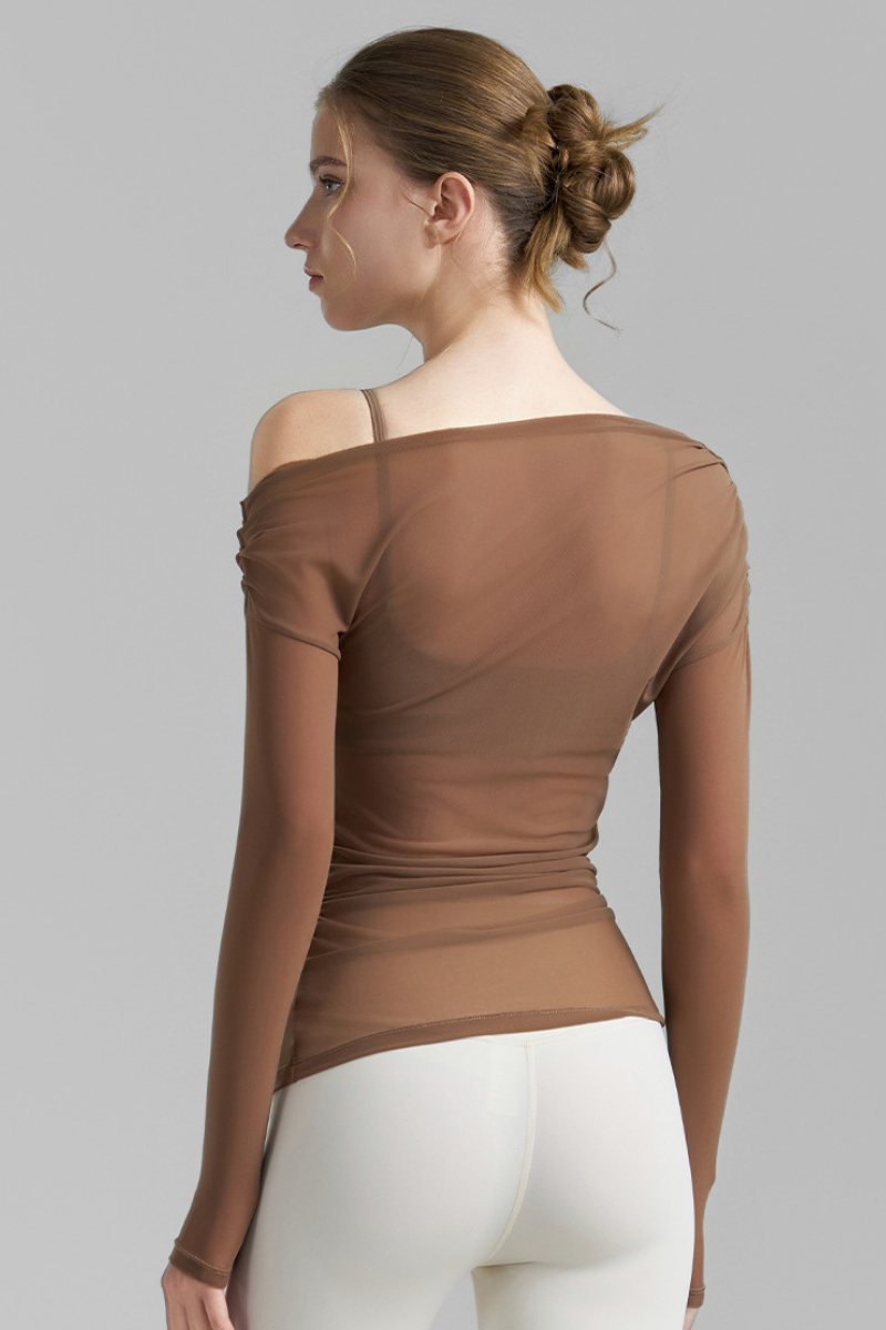 Women's Asymmetric  Shoulder Sheer Mesh Long Sleeve Yoga Top