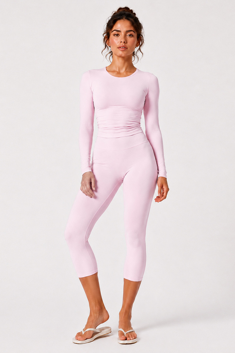 Women's Brushed Crew Neck Long Sleeve T-shirt And Capri Yoga Set