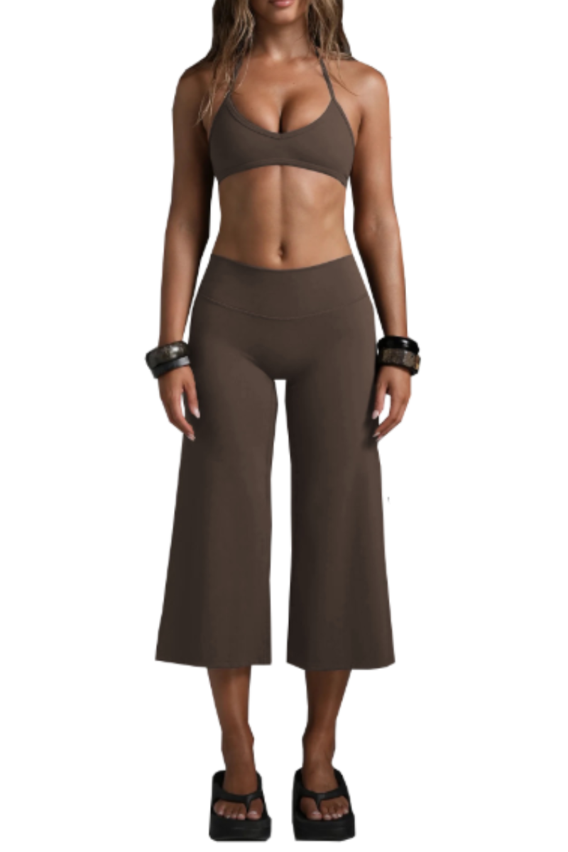 Women's Halter V-Neck Triangle Cup Sports Bra & High-Waist 7/8 Wide-Leg Yoga Pants Set