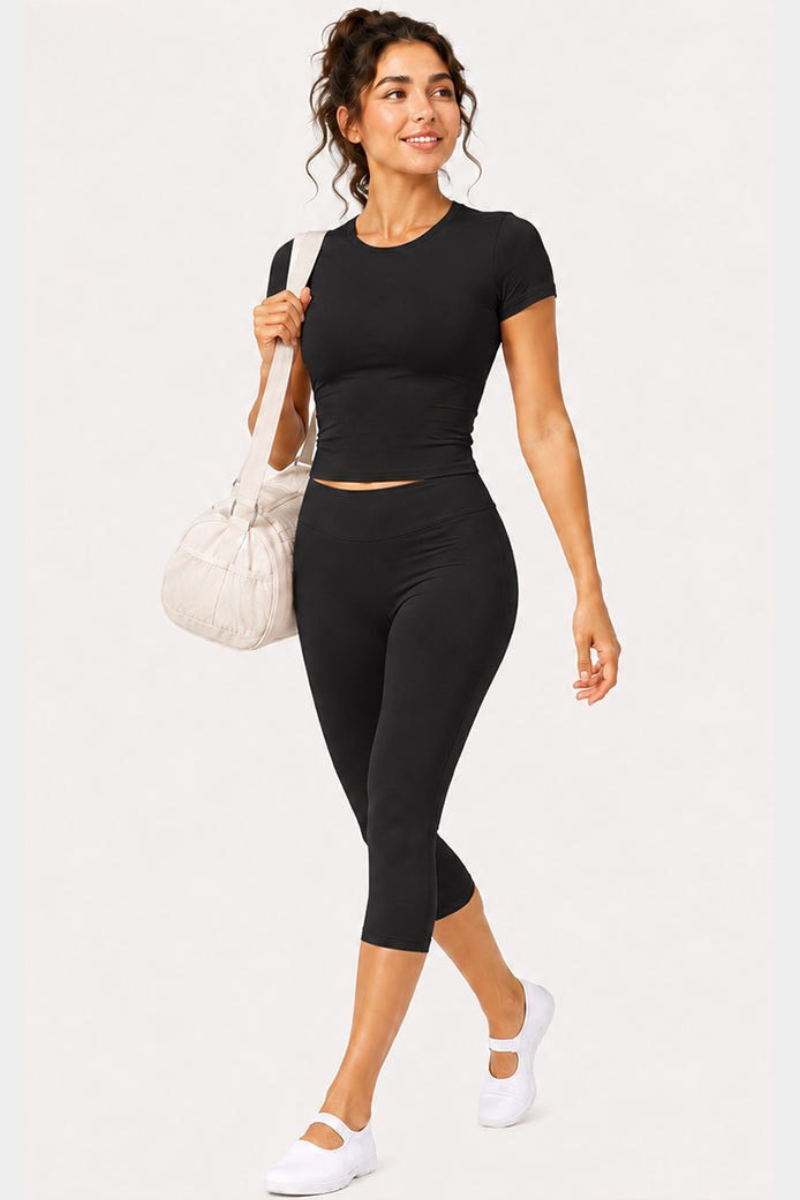 Women's Cropped Crew Neck Tee & Capri Leggings Workout Sets