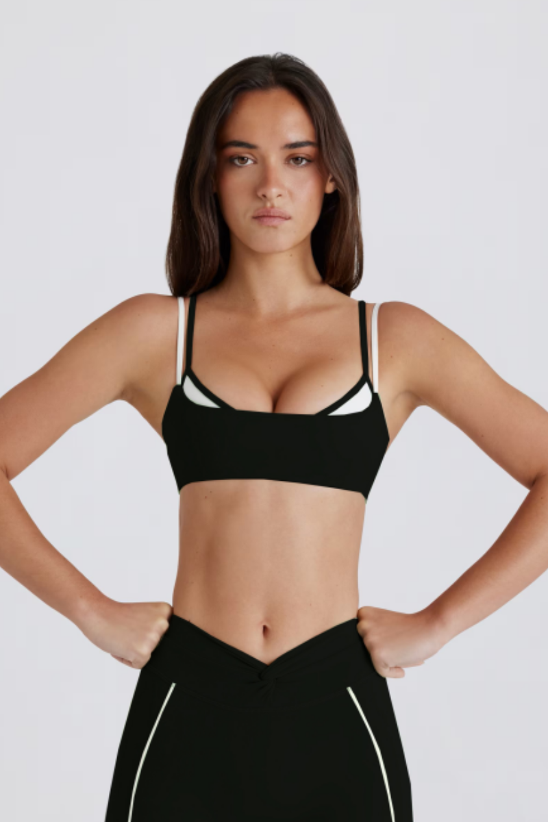 Women's Color-Block Double Thin Strap Twist Back Yoga Bra