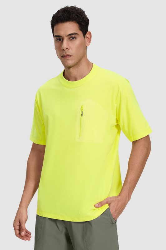 Men's Summer Round-Neck Zipper-Pocket Solid Sports Tee