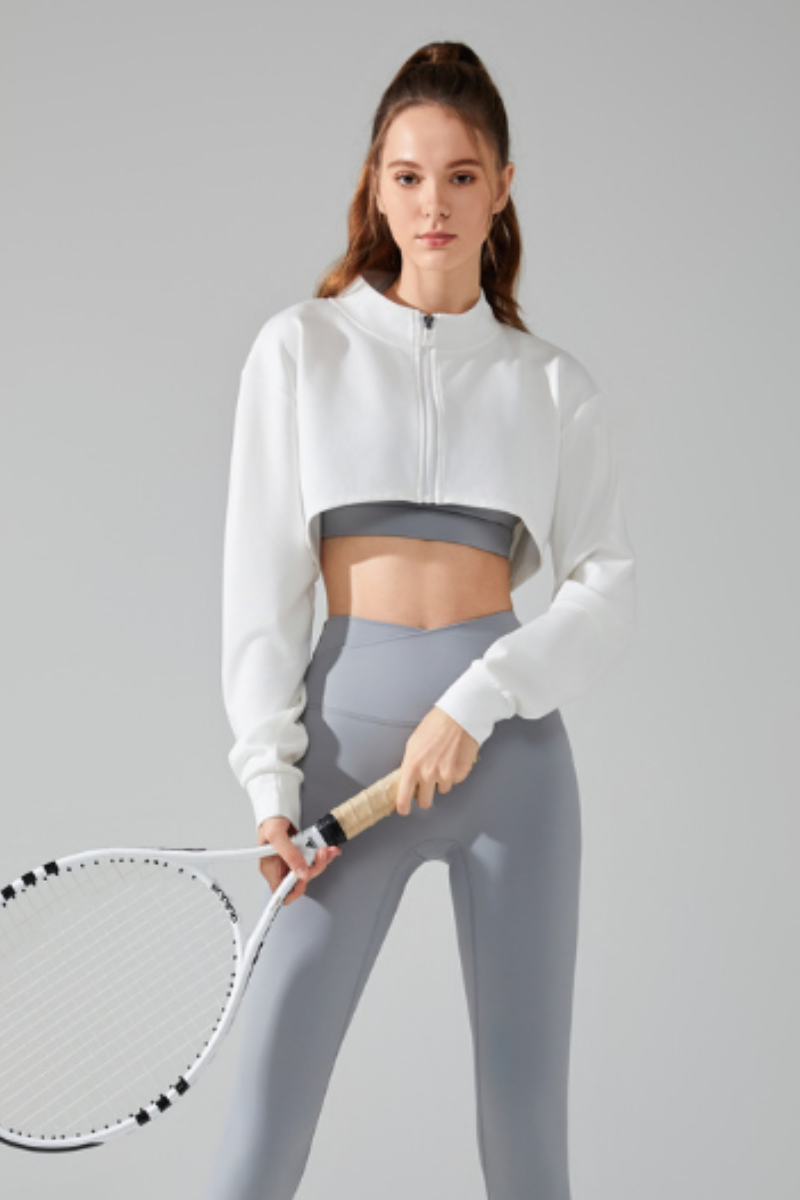 Women's Mock Neck Full Zip Cropped Loose Athletic Jacket