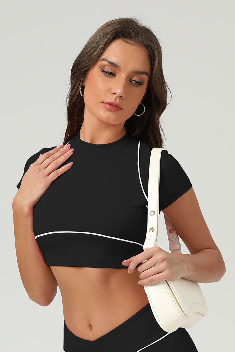Women Summer Quick-Dry Color-Block Cropped Fitness Tee With Slim-Fit Design