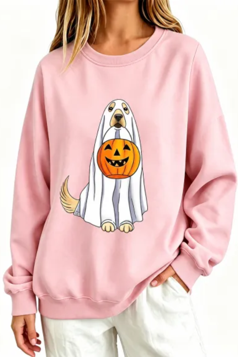 Women's Fall Ghost Dog Pumpkin Graphic Halloween Sweatshirt