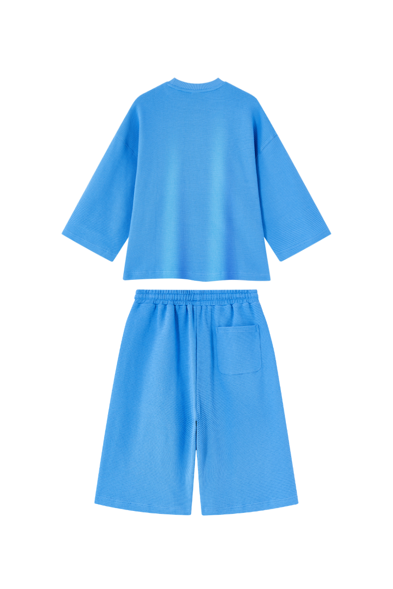 Men's Waffle Knit Set:Loose Fit T-shirt & Knee Length Shorts