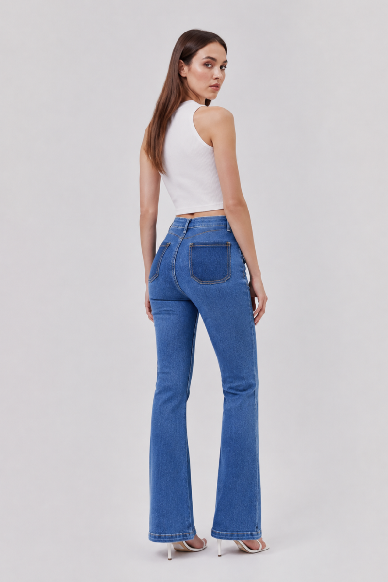 Women's High Waist Flare Jeans with Button Front Pockets