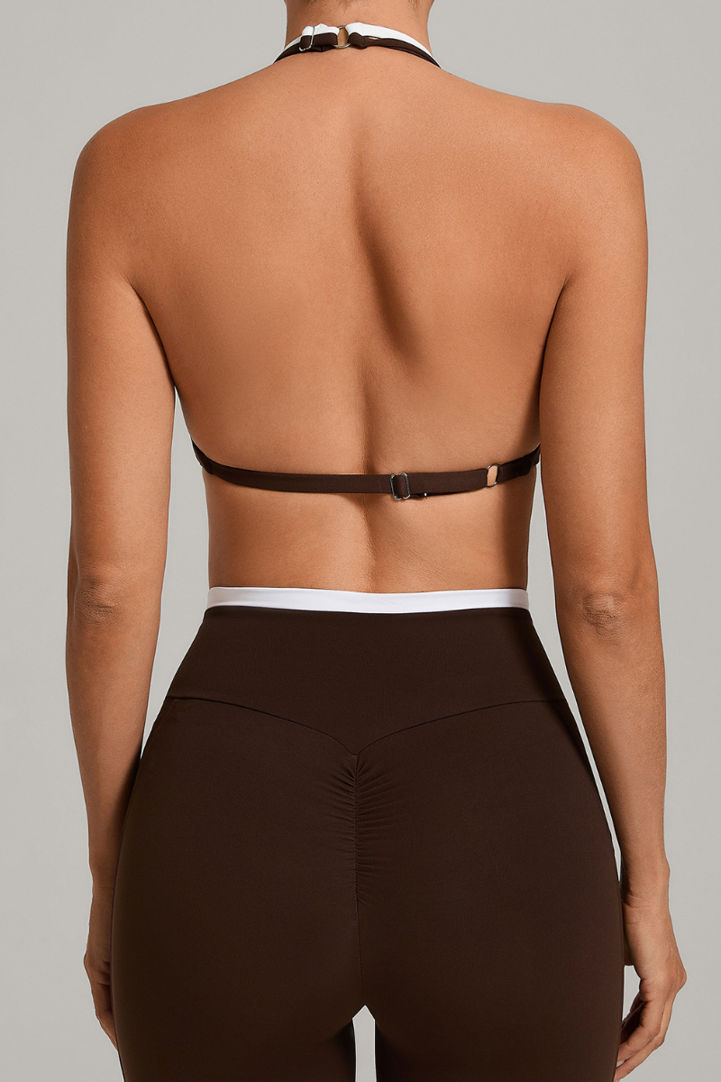 Women Summer Faux-Two-Piece Halter Color Block Sports Bra