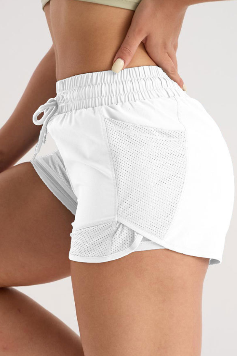 Women's Mesh Panel Drawstring Double-Layer Sports Shorts