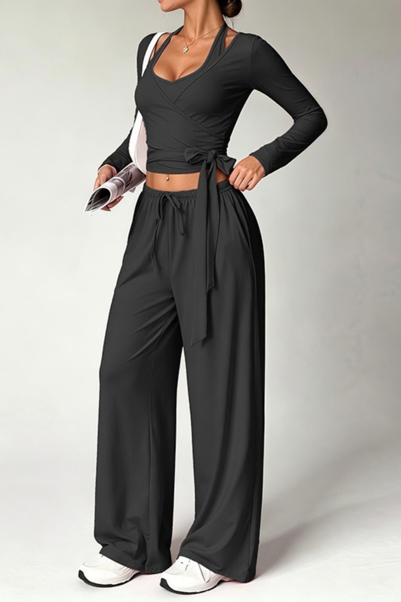 Women Fall Set:Tank Top & Wrap Tie Long Sleeve Top & Pants