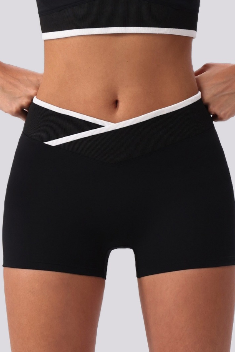 Women's Contrast Cross V Waist Bare Feel Yoga Shorts