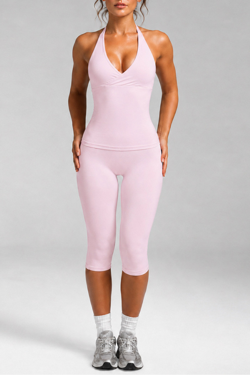 Women's Anthletic Deep V Halter Tank Top And Capri Yoga Set