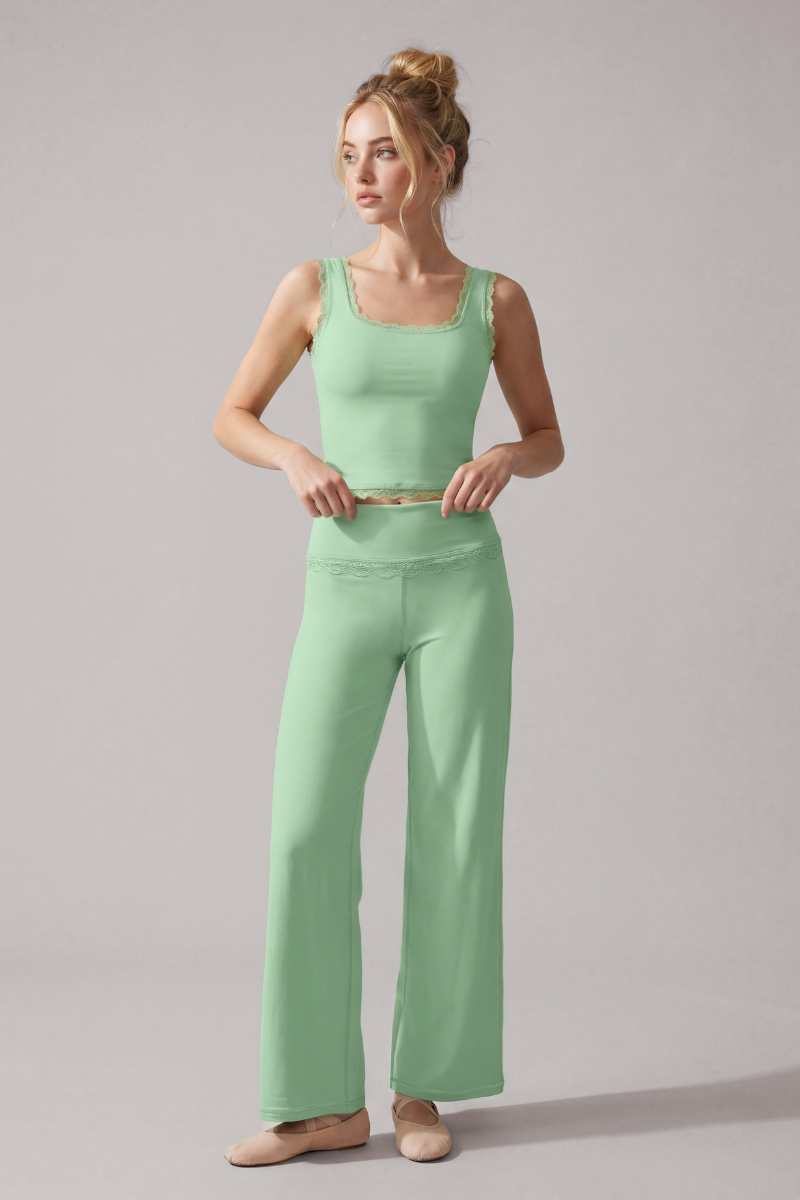 Women's Lace Trim Tank Top And Wide Leg Pants Workout Set