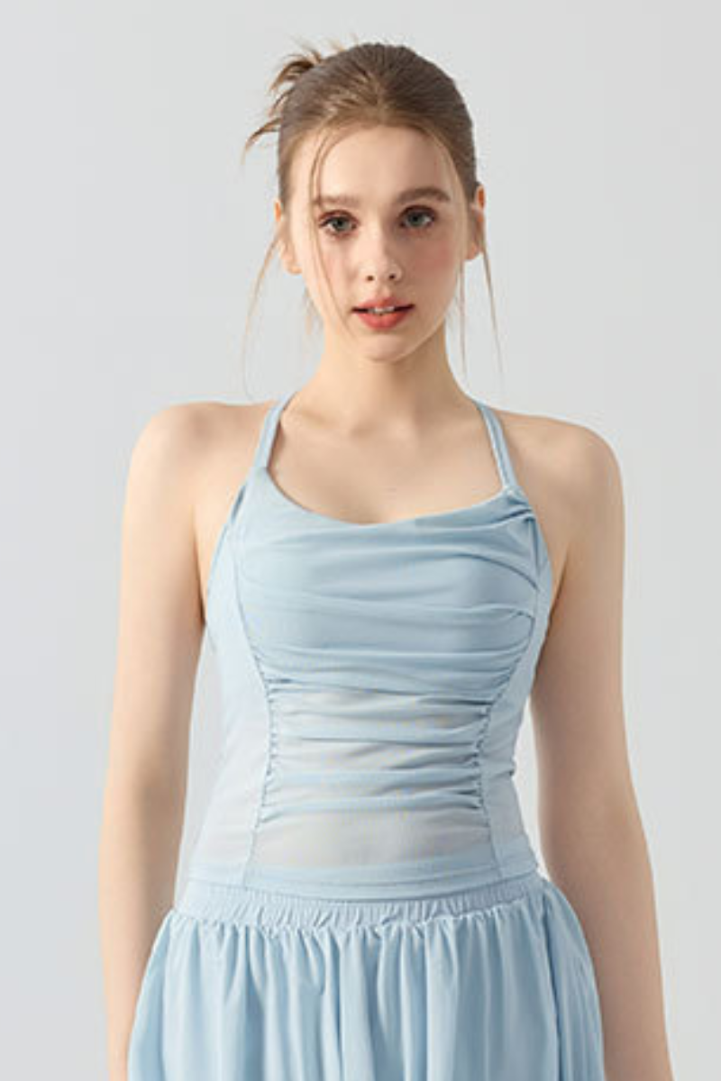 Women's Halter Mesh Ruched Waist Padded Yoga Tank Top