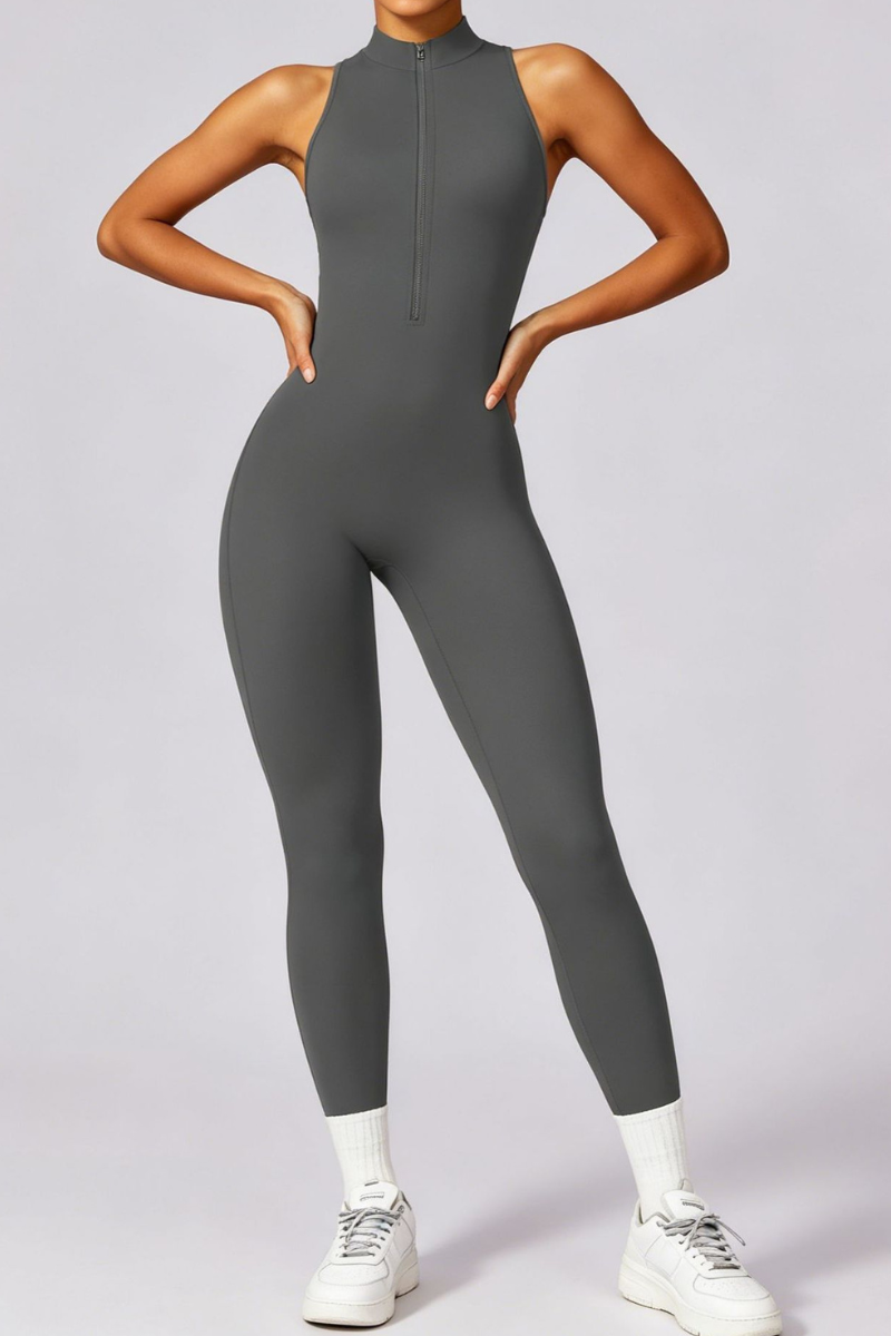 Women's Half Zip Mock Neck Cutout Back One Piece Jumpsuit