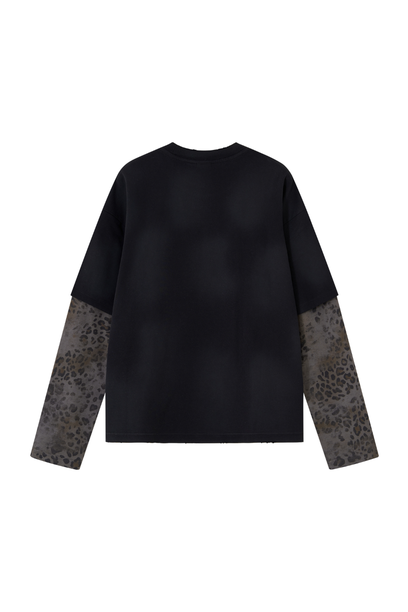 Women's Fall 100% Cotton Leopard Print Splicing Fake Two-Piece Long Sleeve Tee