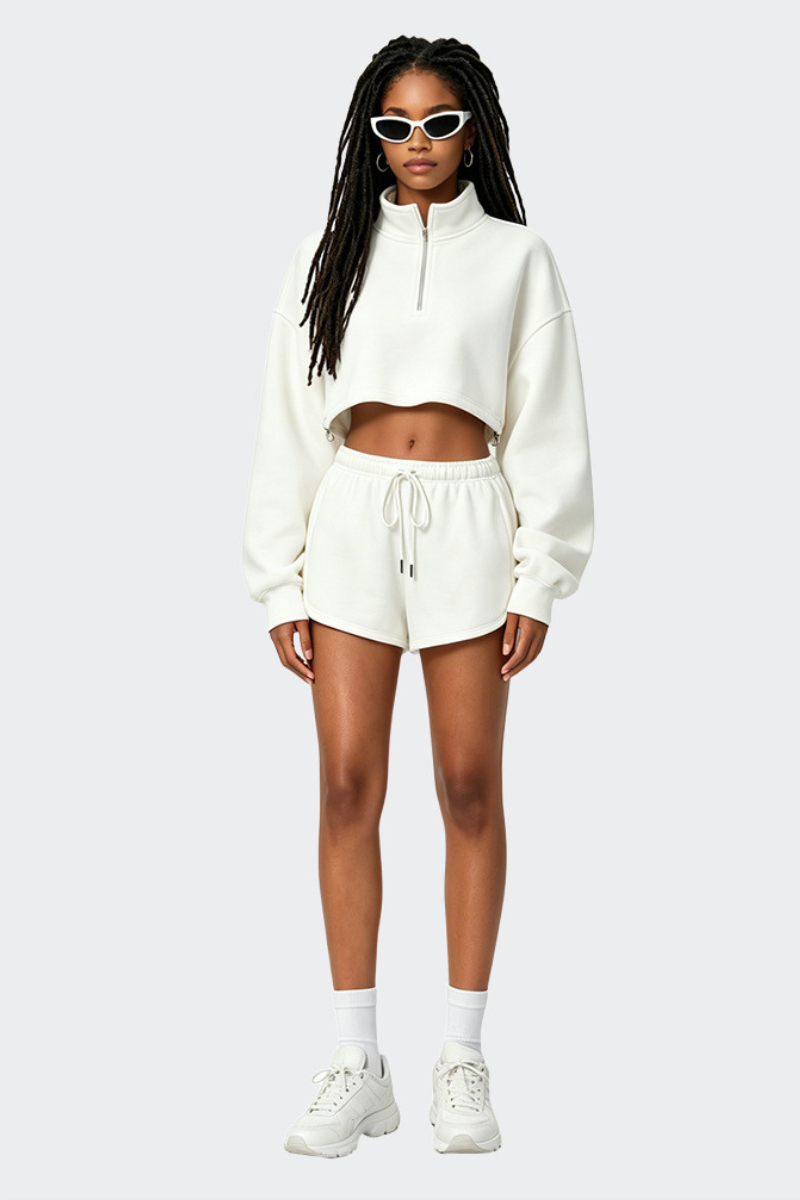 Women's Fall Half Zip Stand Collar Sweatshirts And Drawstring Shorts