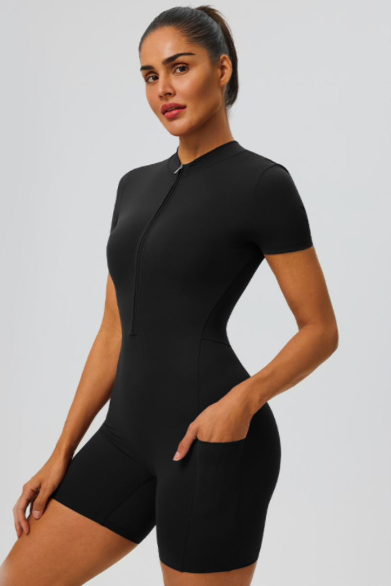 Women's Half Zip Side Pocket Short Sleeve Sport Jumpsuit