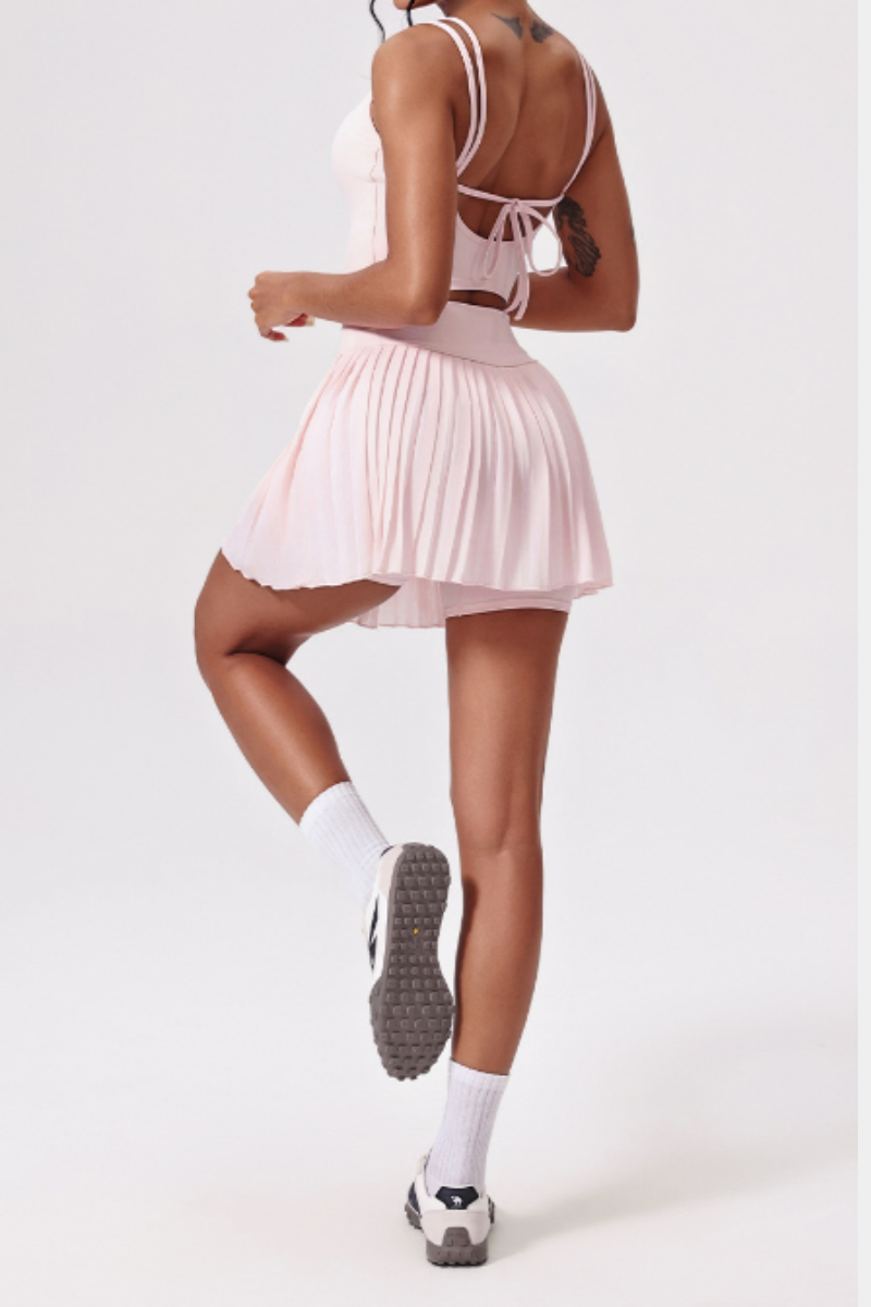 Women's Athletic Lace-Up Tank Top Pleated Skirt Tennis Sets