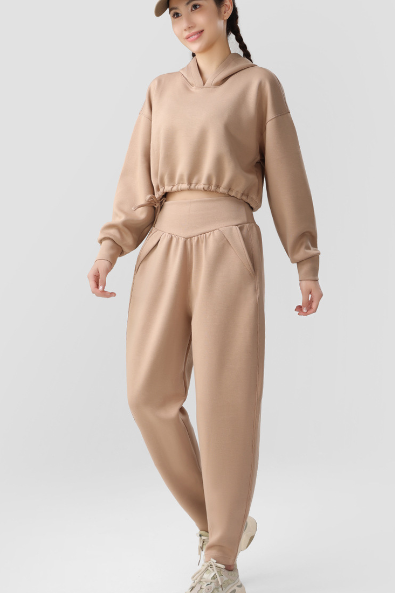 Women Cropped Hooded Top and High Waist Pants 2 Piece Set
